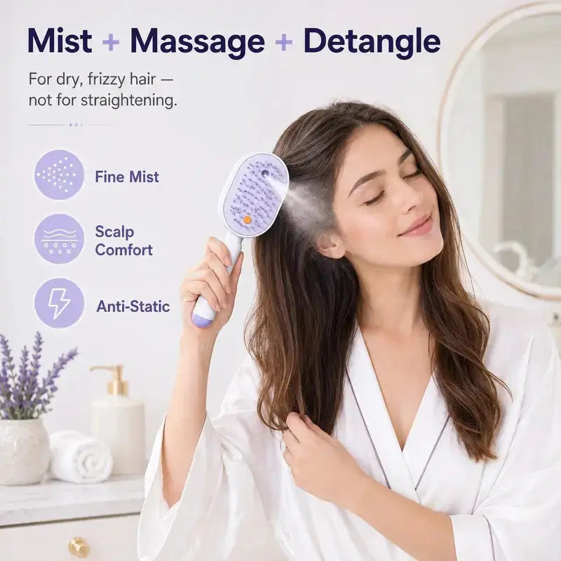 Woman misting and brushing her hair